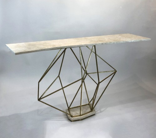 Geometric Gold Distressed Console Table with Marble Top and Base