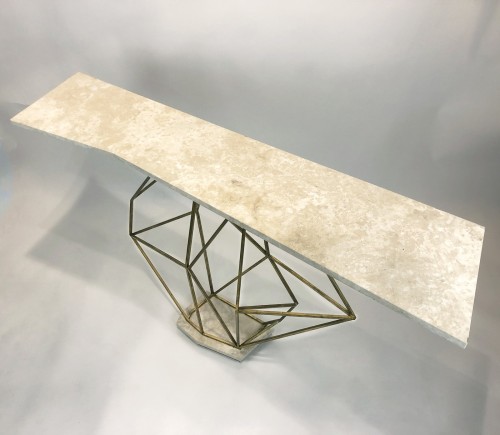 Geometric Gold Distressed Console Table with Marble Top and Base