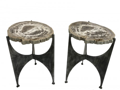 Pair of Distressed Gold Side Tables with Beige Fossilised Wood Tops
