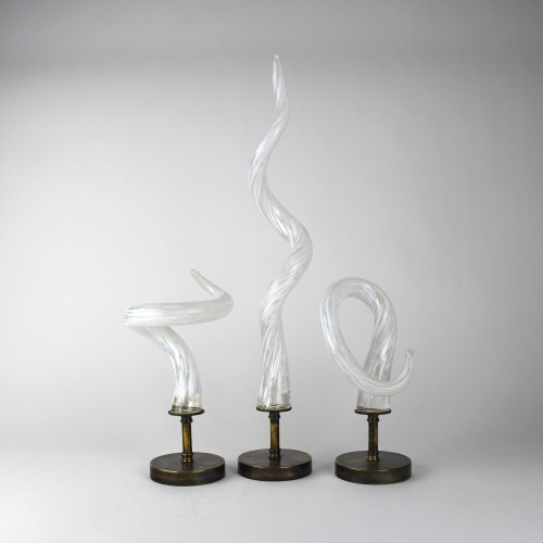 White / Clear Twisted Textured Glass Spikes on Antique Brass Stands