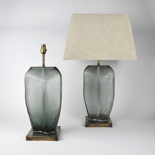 Pair of Large Grey Glass Table Lamps on Square Antique Brass Bases