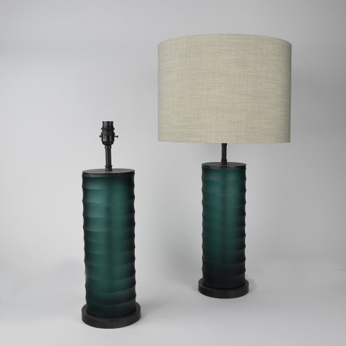 Pair of Medium Green / Blue Glass Table Lamps on Brown Bronze Bases