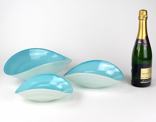Set of Three Blue Glass Bowls