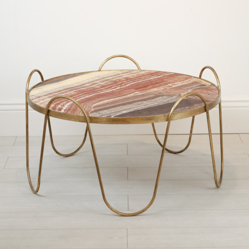 Wrought Iron 'Drum' Coffee Table In Distressed Gold Leaf Finish With Marble Top