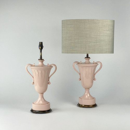 Pair Of Small Pink Ceramic Mid Century Urn Lamps On Antique Brass Bases