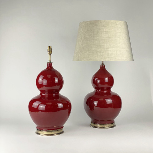 Pair Of Large Red Ceramic Chinese Sang De Boeuf Lamps On Antique Brass Bases