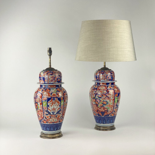 Pair Of Large Red Antique Imari Lamps On Antique Brass Bases