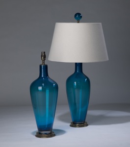 Pair Of Medium Transparent Blue 'standard' Glass Lamps On Distressed Brass Bases (T3290)