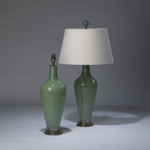 Pair Of Medium Dusty Green 'standard' Glass Lamps On Distressed Brass Bases (T3296)