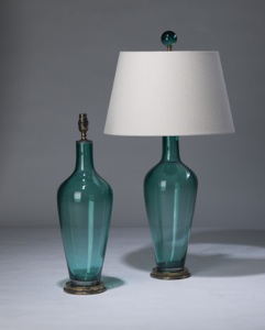 Pair Of Medium Transparent Sea Blue 'standard' Glass Lamps On Distressed Brass Bases (T3325)