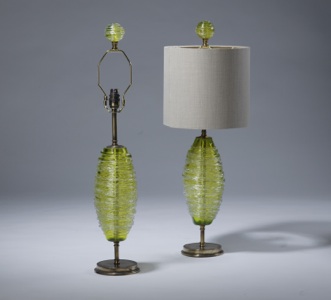 Pair Of Small Lime Green Swirl Glass Lamps On Distressed Brass Bases (T3510)