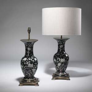 Pair Of Medium Black And White Chinese Flower Ceramic Lamps On Distressed Brass Bases (T3767)