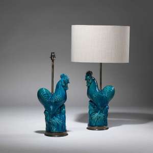 Pair Of Medium French Antique Blue Ceramic Roosters On Distressed Brass Bases (T3799)