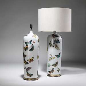 Pair Of Large Butterfly Ceramic Vases On Distressed Brass Bases (T3820)