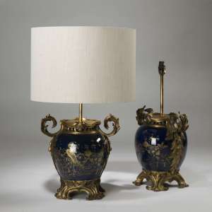 Pair Of Medium Antique Navy Blue French Ormolu Lamps Circa 1790 On Brass Bases (T3918)