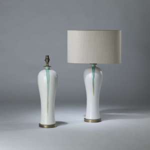 Pair Of Tall White Ceramic Blue Green 'dripping' Lamps On Brass Bases (T4104)