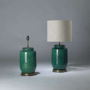 Pair Of Medium Green Ceramic 'bamboo' Lamps On Round Brass Bases (T4110)