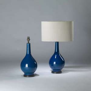 Pair Of Medium Blue Ceramic Teardrop Lamps On Round Brass Bases (T4120)