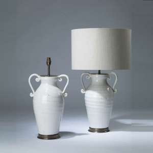 Pair Of Medium White Crackled Ceramic Scroll Urn Lamps On Round Brass Bases (T4150)