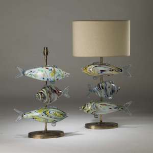 Pair Of Medium Yellow Red Blue Murano Glass Fish Lamps On Oval Brass Bases (T4174)