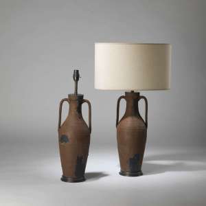 Pair Of Medium Brown Rustic Urn Lamps On Round Bronze Bases (T4209)