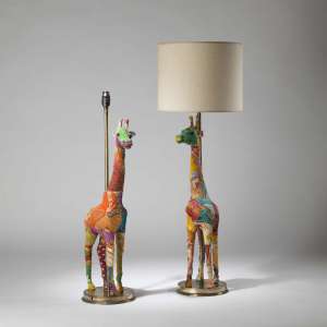 Pair Of Tall Multicoloured Patchwork Giraffe Lamps On Round Brass Bases (T4222)