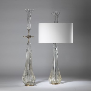 Pair Of Extra Large Splash! Clear Glass Lamps On Antique Brass Bases With Glass Finials (T4369)