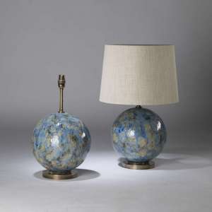 Pair Of Small Blue Drizzle Ceramic 'snowball' Lamps On Antique Brass Bases (T4371)