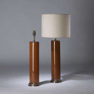 Pair Of Tall Rusty Terracotta Brown Glass Lamps On Round Brass Bases (T4384)