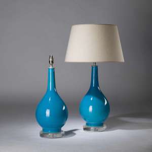 Pair Of Medium Sky Blue Ceramic Teardrop Lamps On Round Perspex Bases (T4391)
