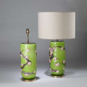 Pair Of Large Green Glass 'blossom' Lamps With Round Antique Brass Bases (T4449)