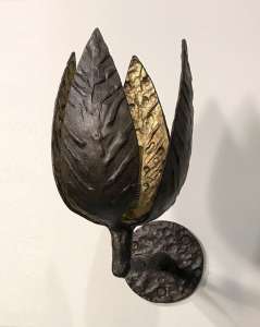 Pair Of Textured  Wrought Iron 'Tulip' Wall Lights In Brown Bronze And Gilt Finish (T4566)