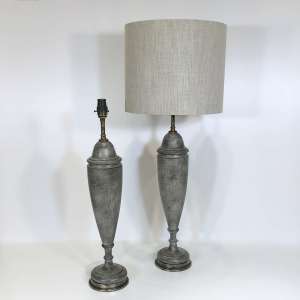 Pair Of Medium Grey Antique Wooden Lamps On Round Antique Brass Bases (T4571)
