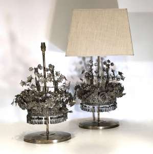Pair Of Large Silver Metal Chinese Bridal Head Piece Lamps On Antique Brass Bases (T4613)