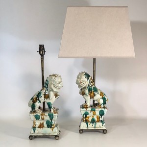 Pair Of Medium Green And Cream C1880 Chinese Ceramic Foo Dog Lamps On Antique Brass Bases (T4741)