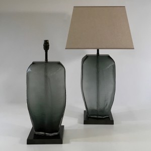 Pair Of Medium Textured Cut Glass Steel Grey/blue Lamps With Square Brown Bronze Bases (T4795)