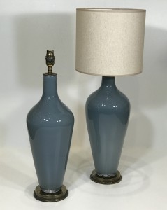 Pair Of Dark Grey 'standard' Glass Lamps On Round Distressed Brass Bases (T5074)