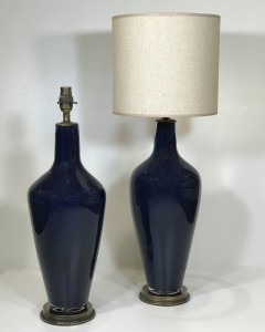 Pair Of Medium Glass 'standard' Lamps In Navy Blue On Distressed Brass Bases (T5115)