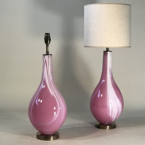 Pair Of Medium Pink And White Glass 'teardrop' Lamps On Antique Brass Bases (T5128)