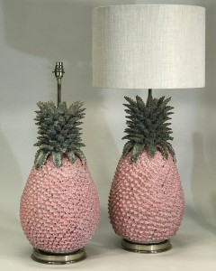 Pair Of Large Pink Ceramic Pineapple Lamps On Antique Brass Bases (very Heavy) (T5312)