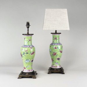Pair Of Small Green Floral Vase Lamps With Square Antique Brass Bases (T5372)