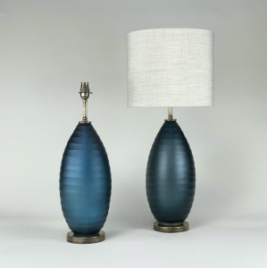 Pair Of Medium Ripple Textured Blue/grey Glass Lamps With Antique Brass Bases (T5378)