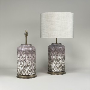 Pair Of Small 'crackle' Purple / Cream Painted Ceramic Lamps With Antique Brass Bases (T5395)