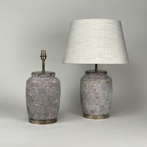 Pair Of Small Textured Pink Grey Ceramic Lamps On Antique Brass Bases (T5446)