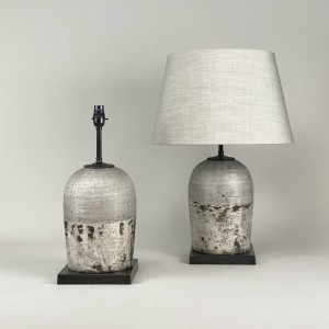 Pair Of Medium Textured Silver Brown Glass Lamps With Square Brown Bronze Bases (T5459)