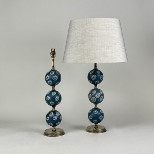 Pair Of Blue With Cream Rings Majapahit Glass Bead Lamps With Antique Brass Bases (T5478)