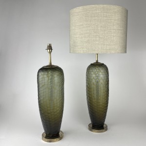 Pair of Large Olive Green Cut Glass Lamps on Antique Brass Bases (T5839)