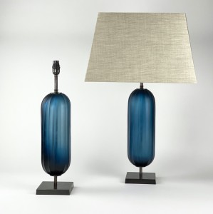 Pair of Medium Blue Pill Glass Lamps on Brown Bronze Bases (T6120)