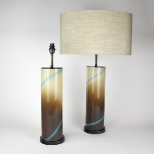 Pair of Large Cream/Brown Glass Lamps with Blue Trail on Antique Brass Bases (T6342)