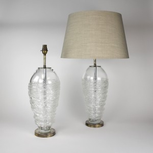 Pair Of Large Clear Candy Floss Glass Lamps on Antique Brass Bases (T6370)
